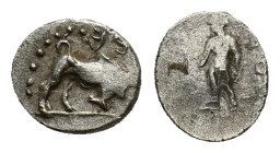 Asia minor, Uncertain mint, c. 3rd to 2nd centuries BC (?). AR Obol (9,8 mm, 0,68 g). Bull butting right R/ Uncertain legend, male figure advancing le...