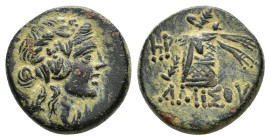 Pontos, Amisos, time of Mithradates VI, c. 85-65 BC. Æ (20mm, 7.53g). Wreathed head of Mithradates VI as young Dionysos right R/ Panther skin and thyr...
