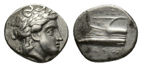 Bithynia, Kios, c. 350-300 BC. AR Hemidrachm (13,5 mm, 2,46 g). Proxenos, magistrate. Laureate head of Apollo right R/ Prow of galley left. SNG von Au...