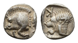 Mysia, Kyzikos, c. 450-400 BC. AR Obol (9,3 mm, 0,83 g). Forepart of boar l.; to r., tunny upward. R/ Head of lion l. within incuse square. SNG France...