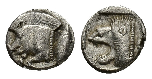 Mysia, Kyzikos, c. 450-400 BC. AR Trihemiobol (10,6 mm, 1,17 g). Forepart of boa...