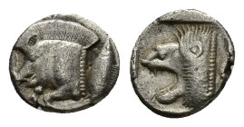 Mysia, Kyzikos, c. 450-400 BC. AR Trihemiobol (10,6 mm, 1,17 g). Forepart of boar l.; to r., tunny upward. R/ Head of lion l. within incuse square. SN...