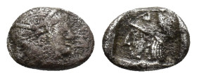 Mysia, Lampsakos, c. 500-450 BC. AR Diobol (11mm, 1.06g).  Female janiform head, wearing taenia and necklace R/ Head of Athena to left, Corinthian hel...