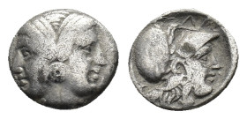 Mysia, Lampsakos, 4th-3rd centuries BC. AR Diobol (11mm, 1.16g). Female janiform head, wearing taenia and necklace R/ Head of Athena to r., Corinthian...