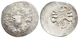 Mysia, Pergamon, c. 166-67 BC. AR Cistophoric Tetradrachm (33mm, 12.78g). Cista mystica with serpent; all within ivy wreath. R/ Two serpents entwined ...