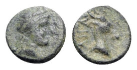 Aeolis, Aigai, 4th-3rd centuries BC. Æ (9.5mm, 0.92g, 10h). Laureate head of Apollo r. R/ Head of goat r. SNG Copenhagen 2; SNG von Aulock 1593. Green...