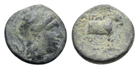 Aeolis, Aigai, 2nd-1st centuries BC. Æ (12.5mm, 1.86g, 12h). Helmeted head of Athena r. R/ Forepart of goat r. SNG München 363; SNG Copenhagen -; SNG ...