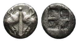 Lesbos, Unattributed early mint, c. 500-450 BC. BI Obol (9mm, 1.29g). Confronted boars’ heads R/ Four-part incuse square. Cf. HGC 6, 1071. VF
