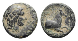 Ionia, Kolophon, c. 360-330 BC. Æ (13mm, 2.06g, 12h). Laureate head of Apollo r. R/ Forepart of horse r. SNG Copenhagen 149-157. Green patina, near VF...