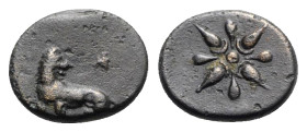 Ionia, Miletos, c. 4th century. Æ (14mm, 2.20g). Lion standing l., head reverted; monogram above. R/ Stellate design. SNG Copenhagen 972. VF