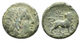 Ionia, Miletos, c. 350-325 BC. Æ (15,8 mm, 3,59 g). Laureate head of Apollo r. R/ Lion standing r., head l.; star above. Cf. SNG Copenhagen 975-976. G...