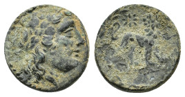 Ionia, Miletos, c. 350-325 BC. Æ (17,5 mm, 3,91 g). Laureate head of Apollo r. R/ Lion standing r., head l.; star above. Cf. SNG Copenhagen 975-976. G...