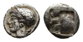 Ionia, Phokaia, c. 510-490 BC. AR Diobol (10,00 mm, 1,30 g).  Female head l., wearing helmet or close fitting cap. R/ Quadripartite incuse square. SNG...