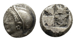 Ionia, Phokaia, c. 510-494 BC. AR Diobol (8.5mm, 1.34g). Female head l., wearing helmet or close fitting cap. R/ Quadripartite incuse square. SNG Cope...