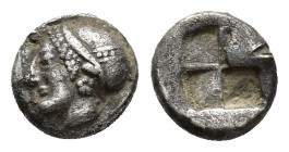 Ionia, Phokaia, c. 510-494 BC. AR Diobol (9mm, 1.29g). Female head l., wearing helmet or close fitting cap. R/ Quadripartite incuse square. SNG Copenh...