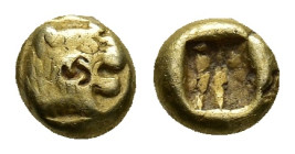 Kings of Lydia, time of Alyattes - Kroisos, c. 620/10-550/39 BC. EL Hemihekte - Twelfth Stater (7mm, 1.15g). Sardes mint. Head of lion to right, with ...