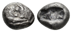 Kings of Lydia, Kroisos (c. 564/53-550/39 BC). AR Third Stater (13mm, 3.51g). Sardes. Confronted foreparts of lion right and bull left R/ Two incuse s...