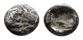 Kings of Lydia, Kroisos (c. 564/53-550/39 BC). AR Twelfth Stater (7.5mm, 0.86g). Sardes. Confronted foreparts of lion right and bull left R/ Incuse sq...