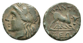 Caria, Antioch ad Maeandrum, c. 2nd century. Æ (15,9 mm, 3,40 g). Head of Apollo l. R/ ANTIOXEΩN, Bull butting r. SNG Copenhagen Caria - Very fine.