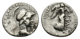 Caria, Tabai, 1st century BC. AR Hemidrachm (14,48 mm, 1,88 g). Kallikrates, son of Brachyllides, magistrate. Head of Athena right, wearing crested Co...