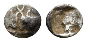 Caria, Uncertain, c. 6th-5th century BC. AR Hemiobol (8mm, 0.43g). Confronted foreparts of two bulls, horns crossed. R/ Rough incuse square. SNG Kayha...