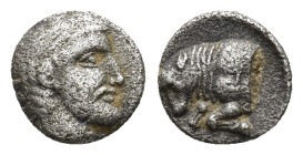 Caria, Uncertain, c. 400 BC. AR Diobol (10mm, 1.26g). Bearded male head r. R/ Forepart of bull l. within incuse square. Winzer 13.1 (Hekatomnos); Trai...