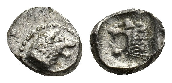 Caria, Uncertain, c. 5th century BC. AR Obol (8mm, 0.87g). Forepart of lion r. R...