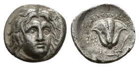 Islands off Caria, Rhodes, c. 230-205 BC. AR Hemidrachm (14,3 mm, 3,13 g). Aristocritus, magistrate. Head of Helios facing slightly right R/ Rose with...