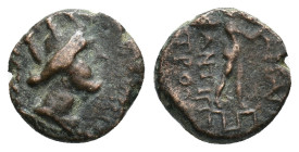 Phrygia, Apameia, c. 88-40 BC. Æ (15,1 mm, 2,80 g). Antipatros, magistrate, son of Skau-. Turreted head of Artemis right, bow and quiver over shoulder...