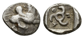 Dynasts of Lycia, Kuprilli, c. 470/60-440/35 BC. AR Tetrobol (13mm, 2.61g). inged lion crouching right, head reverted R/ Triskeles within incuse squar...