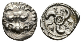 Dynasts of Lycia. Vekhssere II (410-390/80 BC). AR Third Stater (14,8 mm, 3,02 g). Zagaba or Tymnessos mint. Facing lion scalp R/ Triskeles; monogram ...