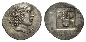 Lycian League, c. 27-20 BC. AR Hemidrachm (16mm, 1.87g). Masikytes mint. Laureate head of Apollo right R/ Lyre; tripod to right; all in incuse square....
