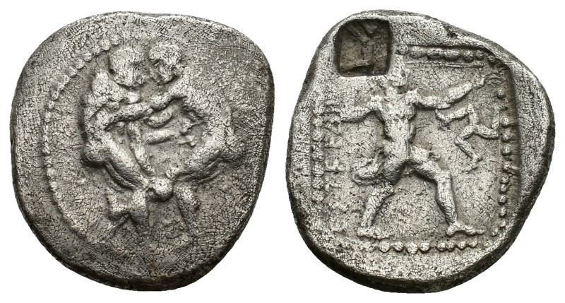 Pamphylia, Aspendos, c. 420-410 BC. AR Stater (22.5mm, 10.76g). Two wrestlers gr...