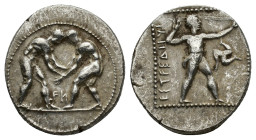 Pamphylia, Aspendos, c. 380/75-330/25 BC. AR Stater (22mm, 10.94g). Two wrestlers grappling; FИ between R/ EΣTFEΔIIYΣ, slinger in throwing stance righ...