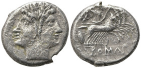 Anonymous, Rome, c. 225-212 BC. AR Quadrigatus (20mm, 5.55g, 6h). Laureate head of Janus. R/ Jupiter, holding sceptre and thunderbolt, in quadriga dri...