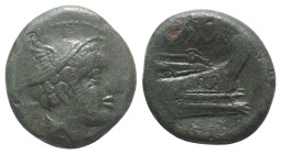 Anonymous, Rome, 217-215 BC. Æ Semuncia (20mm, 6.00g, 1h). Head of Mercury r., wearing winged petasus. R/ Prow r. Crawford 38/7; RBW 100. Green patina...