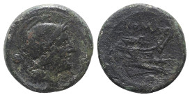 Anonymous, Rome, c. 215-212 BC. Æ Uncia (21mm, 7.46g, 6h). Helmeted head of Roma r. R/ Prow of galley r. Crawford 41/10; RBW 135. Good Fine