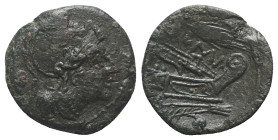Grain-ear series, Sicily, c. 215-212 BC. Æ Uncia (20mm, 5.78g, 12h). Helmeted head of Roma r. R/ Prow r.; grain ear above. Crawford 42/4; RBW 144-5. N...
