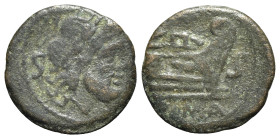 Anonymous, unofficial series, after 211 BC. Æ Semis (20mm, 2.77g, 6h). Laureate head of Saturn r. R/ Prow r.; S to r. Cf. Crawford 56/3. Green patina,...