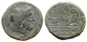 Anonymous, Rome, after 211 BC. Æ Semis (28mm, 18.90g, 6h). Laureate head of Saturn r. R/ Prow of galley r.; S above. Crawford 56/3; RBW 203-4. Green p...