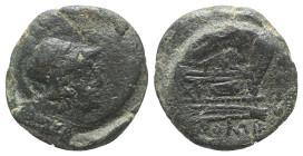Victory and spearhead series, Rome, 189-180 BC. Æ Triens (23mm, 11.20g, 12h). Helmeted head of Minerva r. R/ Prow of galley r.; above, Victory flying ...