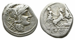 Feather series, Rome, 179-170 BC. AR Denarius (18mm; 3.76g; 1h). Helmeted head of Roma r.; behind, X, Rv. Rv. Luna in biga r., holding reins; below, f...
