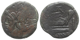 AT or TA series, Rome, 169-158 BC. Æ As (31mm, 16.86g, 2h). Laureate head of bearded Janus. R/ Prow of galley r.; AT or TA monogram above. Crawford 19...