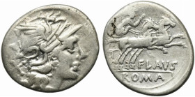 Decimius Flavus, Rome, 150 BC. AR Denarius (19mm, 3.36g, 11h). Helmeted head of Roma r. R/ Diana Lucifera driving galloping biga r., holding reins and...