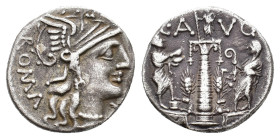 C. Minucius Augurinus. AR Denarius (17,86 mm, 3,70 g). Rome, 135 BC. Helmeted head of Roma r.; behind, ROMA; before, X, R/ The Columna Minucia at Port...