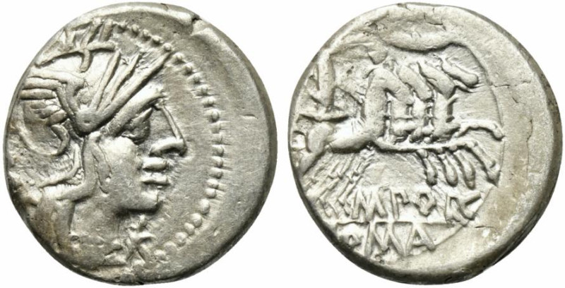 M. Porcius Laeca, Rome, 125 BC. AR Denarius (18mm, 3.92g, 6h). Helmeted head of ...