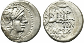M. Porcius Laeca, Rome, 125 BC. AR Denarius (18mm, 3.92g, 6h). Helmeted head of Roma r. R/ Libertas driving quadriga r., holding reins and vindicta; a...