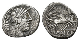 M. Fannius C.f. Rome, 123 BC, AR Denarius (16mm, 3.56g). Helmeted head of Roma right R/ Victory driving quadriga right Crawford 275/1. Good Fine