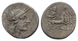 M. Papirius Carbo, Rome, 122 BC. AR Denarius (19mm, 3.81g, 1h). Helmeted head of Roma r.; behind, branch. R/ Jupiter in prancing quadriga r., hurling ...
