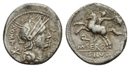 M. Sergius Silus. AR Denarius (17,21 mm, 3,87 g). Rome, 116-115 BC. Helmeted head of Roma r.; before, EX S C; behind, ROMA and *, R/ Horseman l., hold...